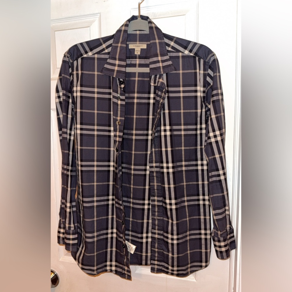 Burberry Men's Checkered Shirt - Navy and Cream